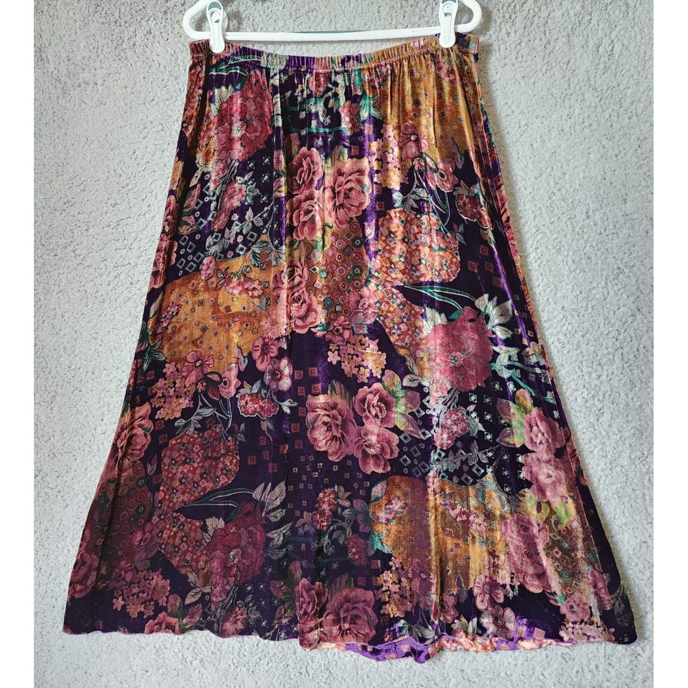 Coldwater Creek Midi Skirt Size PL Purple Floral Silk Blend Velvet Elastic Waist
